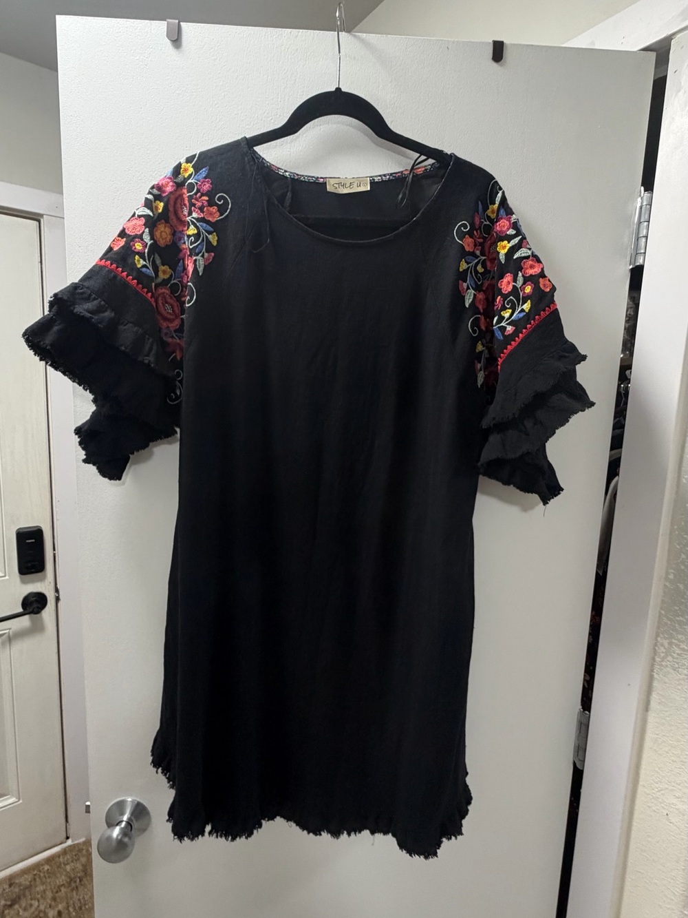Boho Black Mini Dress with Floral Embroidered Ruffle Sleeves